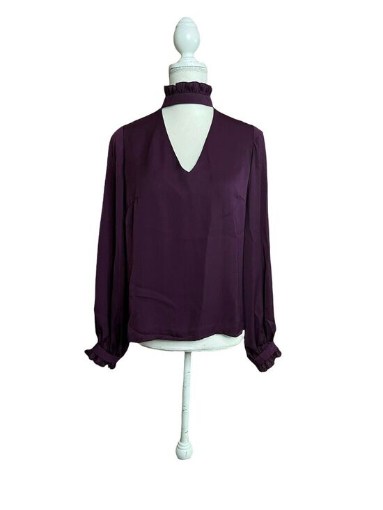 Nanette Lepore Tops - Nanette Lepore Solid Ruffled blouse Satin Smocked Deep V Purple Sz Small